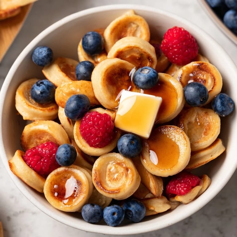 Delicious close-up of mini pancake cereal, drizzled with maple syrup and fresh berries for serving.