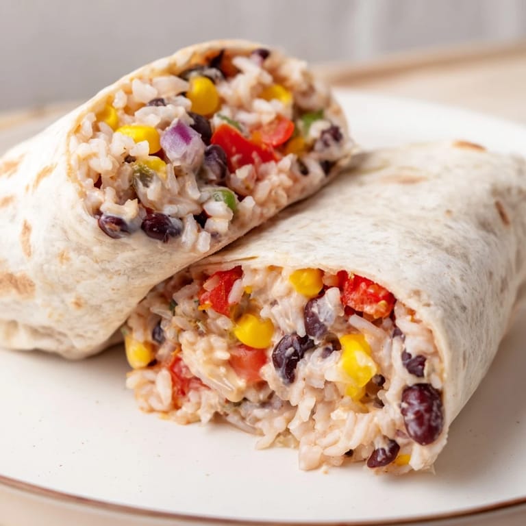 A close-up of a perfectly rolled freezer-friendly burrito, showcasing the colorful fillings and cheesy goodness.