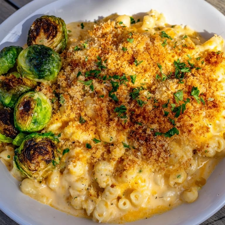 A delicious close-up of sheet pan mac and cheese, featuring melted cheese and roasted Brussels sprouts.