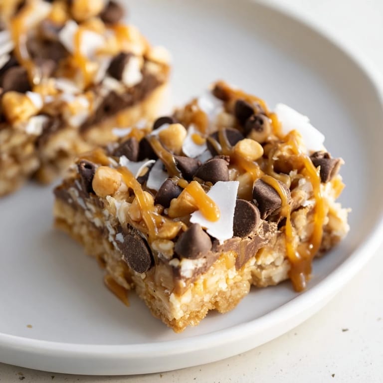 A square of rich, decadent 7-Layer Magic Bars topped with a glistening, salted caramel swirl.