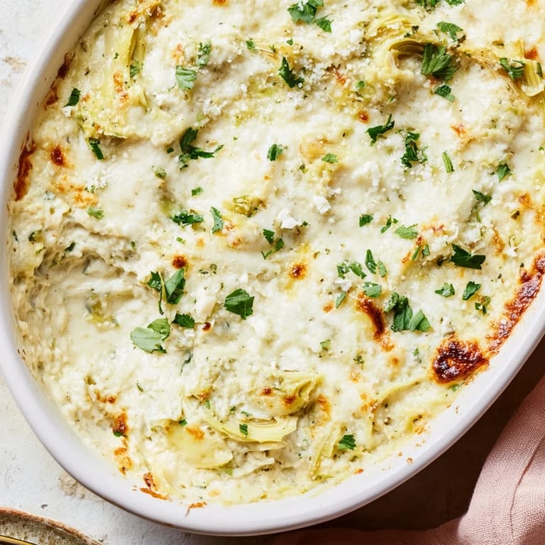 Golden-brown baked artichoke dip bubbling in a baking dish, with a rich cream cheese base and herbs.