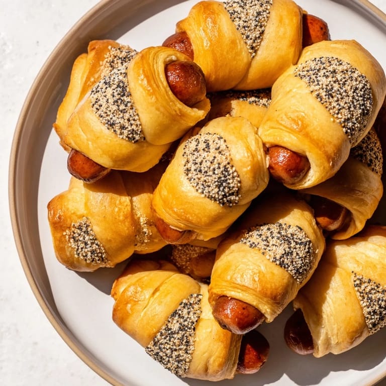 Warm Everything Bagel Pigs in a Blanket with flaky dough and savory sausage, ready to eat.