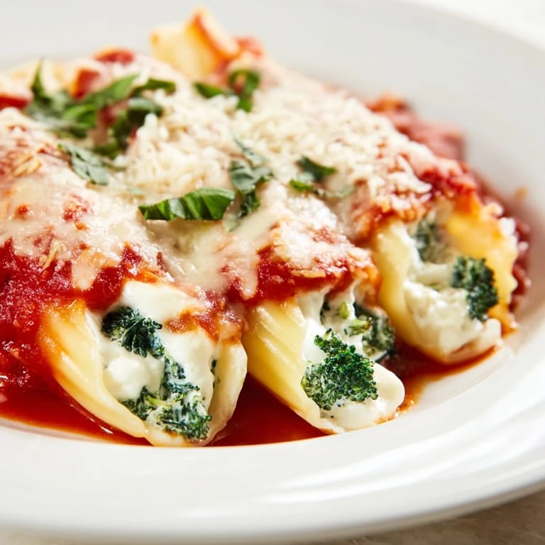 A close-up of cheesy Cozy Broccoli Stuffed Manicotti, invitingly served on a white plate after baking.