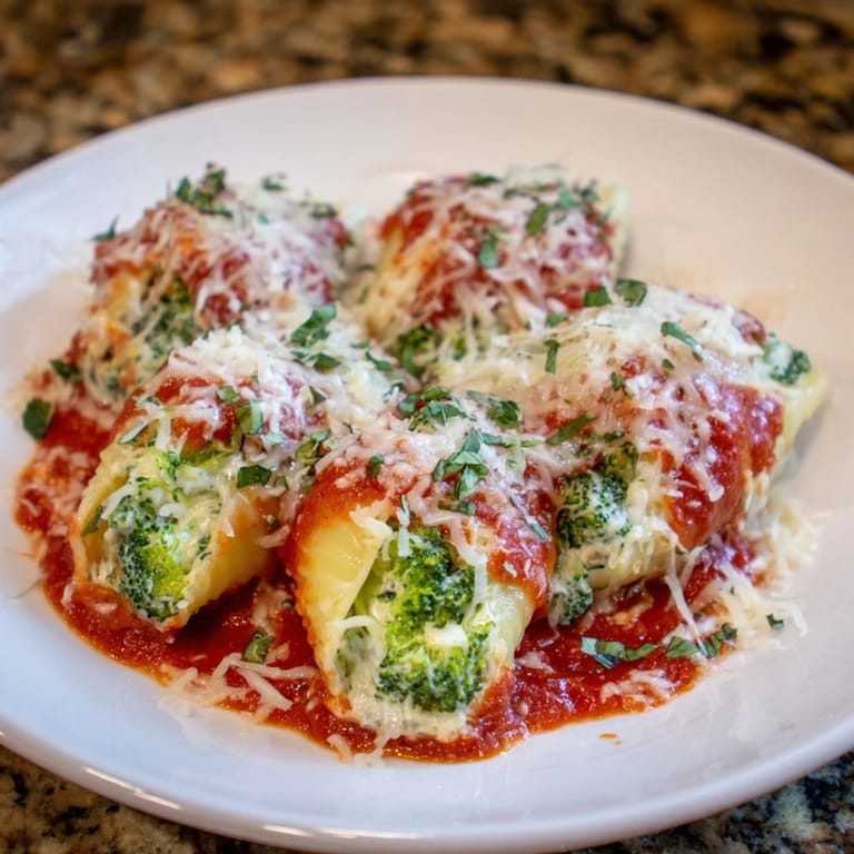 Delectable Cozy Broccoli Stuffed Manicotti, baked with a golden crust and sprinkled with fresh basil.