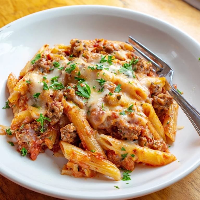 Melting cheese blankets a rich tomato sauce and sausage in this Budget Sausage and Cheese Pasta Bake.