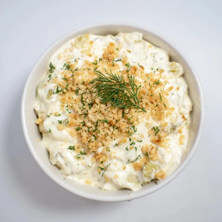 A close-up view of Fried Pickle Dip, garnished fresh dill, perfect for a party appetizer.