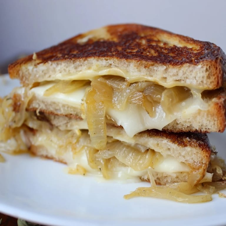 Close-up of a perfectly grilled French onion grilled cheese, showing a molten cheese pull and crusty bread.