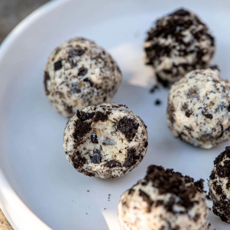 A close-up of Cream Cheese Oreo Protein Balls, showcasing a smooth, creamy texture and visible Oreo crumbs.
