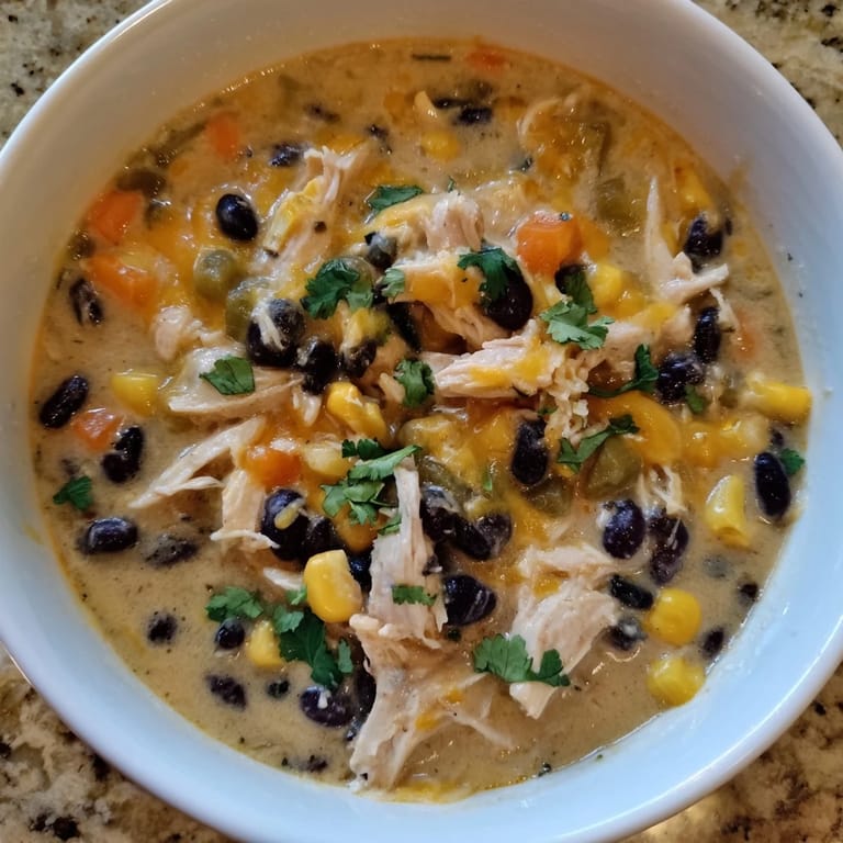 Close-up of freshly garnished Chicken Poblano Soup, showing visible shreds of chicken and colorful vegetables.