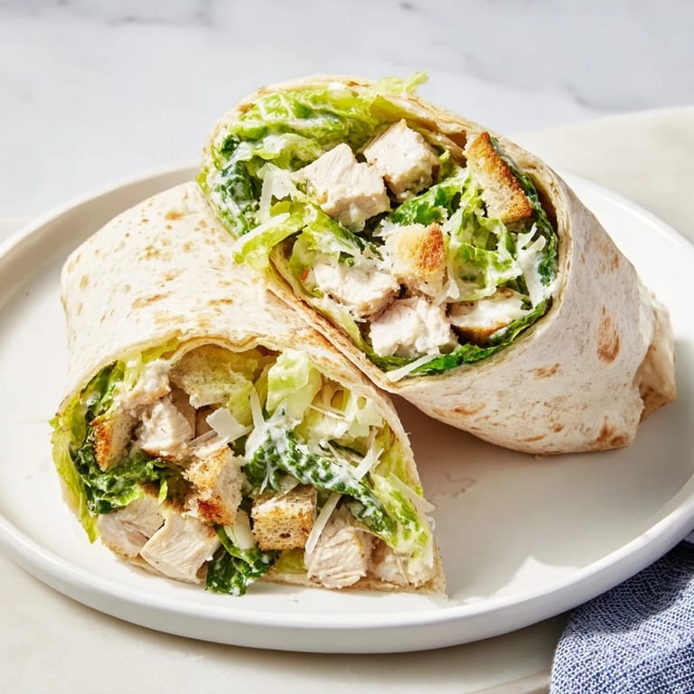 Delicious Chicken Caesar Wraps, filled with a vibrant Caesar salad and succulent chicken wrapped in a soft tortilla.