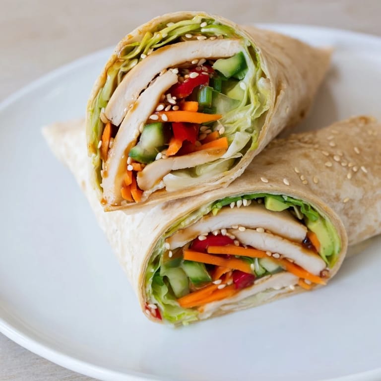 Tender sliced chicken, veggies, and savory sauce make this teriyaki chicken wrap a perfect meal.