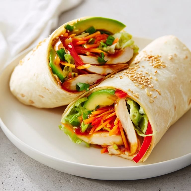 Freshly assembled teriyaki chicken wrap, ready to eat, with bright vegetables visible within the soft tortilla.