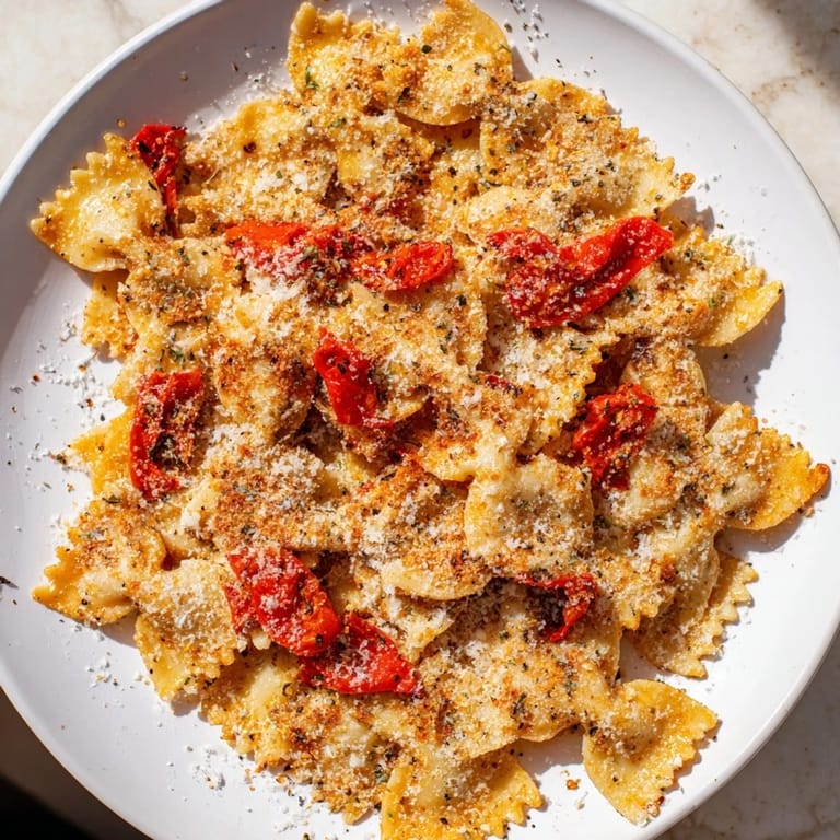 Close-up of baked Lightened Christmas Pasta Chips, a festive snack with roasted red pepper garnish.