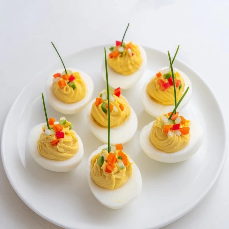 A close-up of vibrant festive deviled egg ornaments, adorned with colorful vegetables, perfect for holiday parties.