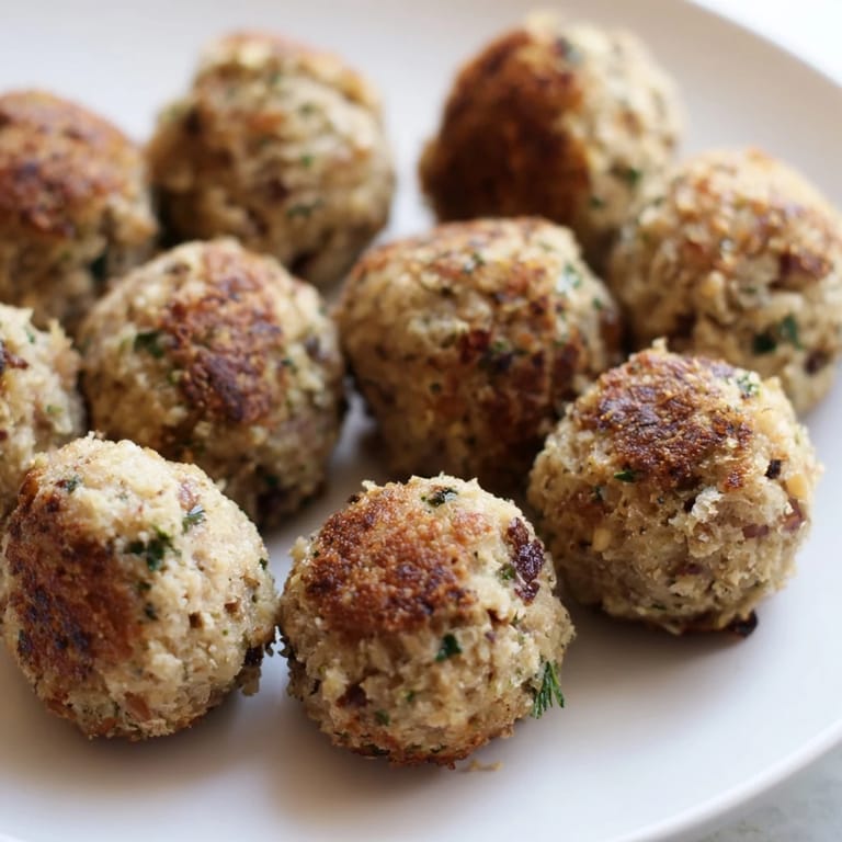 A close-up of delicious Quick Christmas Stuffing Balls, showcasing herbs, ready to be served and enjoyed.