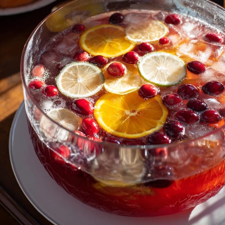 Bright red Quick Holiday Punch with Ice Ring, garnished with citrus and fruit, beckons from the punch bowl.