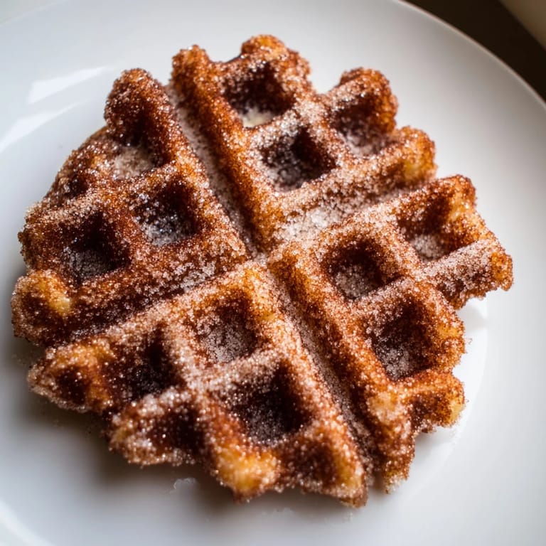 Picture of warm, freshly made churro waffles, dusted in sweet cinnamon sugar, ideal for a dessert.