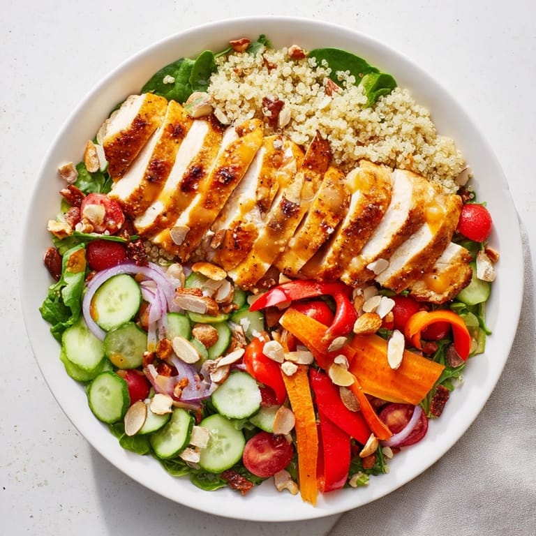 A colorful bowl of Crunchy Quinoa Chicken Salad, showcasing fresh vegetables and toasted seeds.
