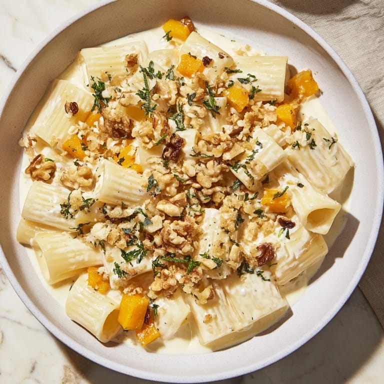 This Cranberry and Brie Tartlet Pasta features a rich Brie sauce, with vibrant red cranberries and golden breadcrumbs.