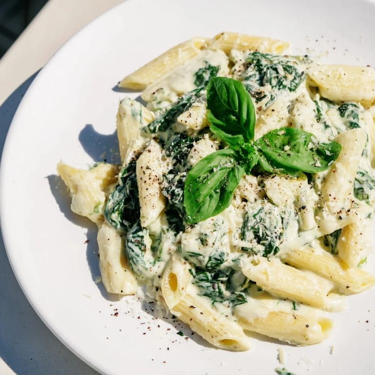 Wholesome Cottage Cheese Creamy Spinach Pasta with a vibrant green spinach sauce, perfect for dinner.