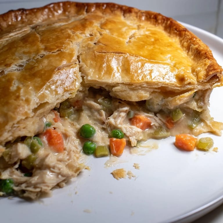 A warm, comforting view of Marry Me Chicken Pot Pie, with a perfectly browned, bubbling filling.