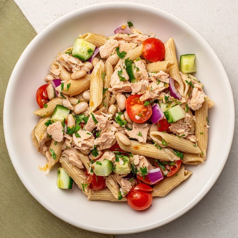 Enjoy a refreshing scoop of Spicy Tuna and White Bean Pasta Salad, perfect for a Mediterranean lunch.