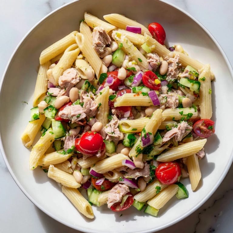 This Spicy Tuna and White Bean Pasta Salad recipe features a zesty, flavorful chili-lime dressing over pasta.