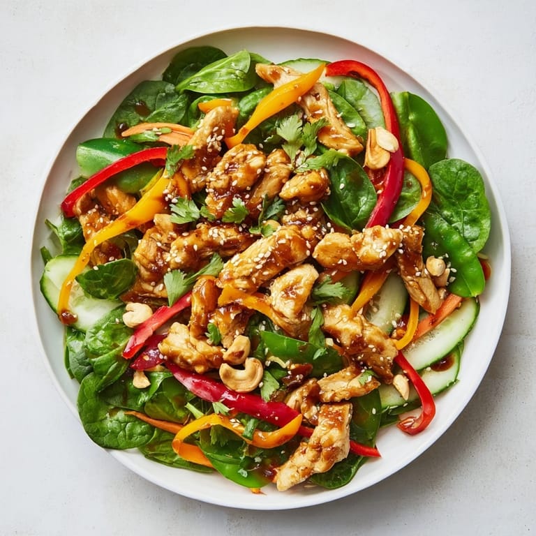 A flavorful High-Protein Chicken Stir-Fry Salad Bowl, featuring tender chicken and crunchy, stir-fried vegetables with sesame seeds.
