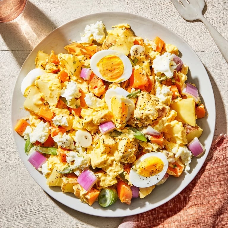 A refreshing close-up of creamy, classic chopped egg and potato salad, ready to serve.