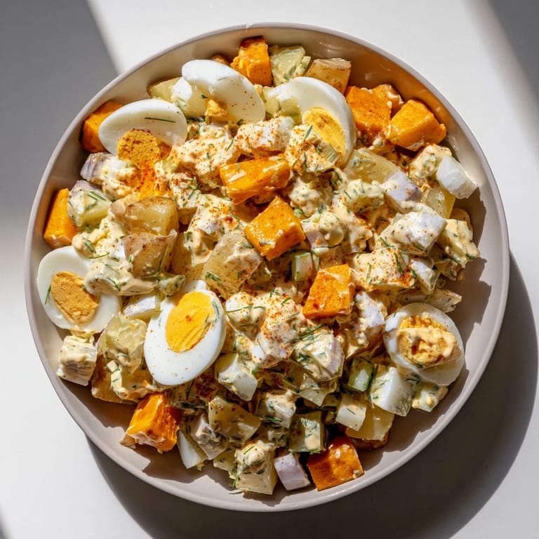Enjoy a bowl of delicious chopped egg and potato salad, perfect for summer barbecues.