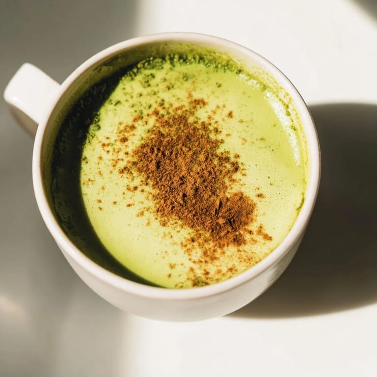 Frothy Cinnamon Maple Oat Milk Matcha Latte, garnished with cinnamon, perfect for a cozy afternoon treat.
