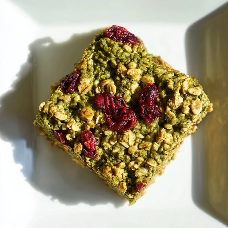 A close-up image of baked Matcha Cranberry Oat Crumble Bars, showing textures of oats and cranberries.