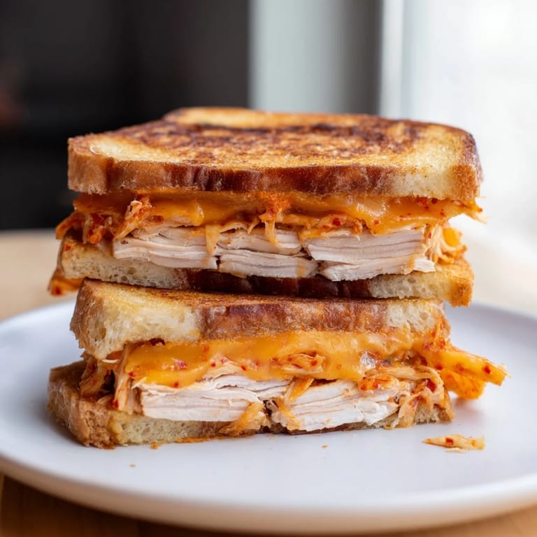 Warm and gooey Kimchi Turkey & Cheddar Toasted Grilled Cheese: perfect for lunch or a quick dinner.