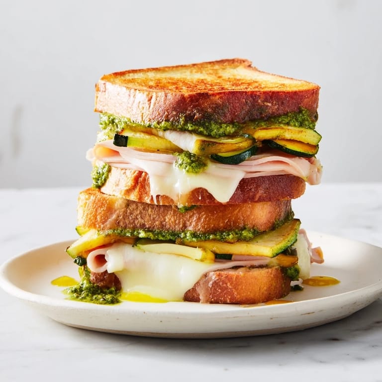 Perfectly grilled pesto turkey zucchini grilled cheese stacks ready to be sliced, a delicious lunchtime meal.