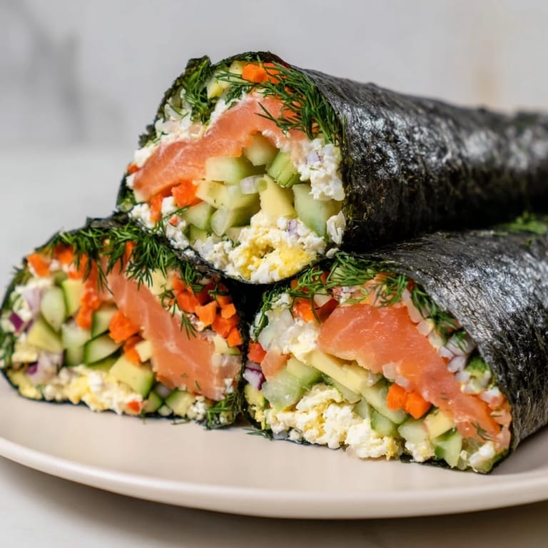 A close-up view of beautifully sliced High-Protein Sushi Wrap Smoked Salmon Holiday Roll, perfect for a party.