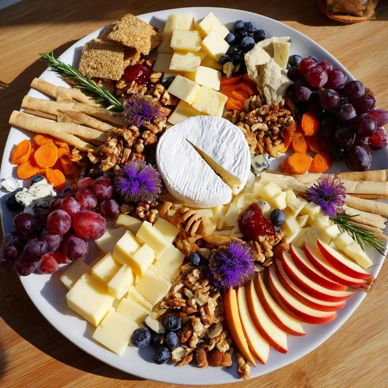 Artistically arranged Woodland Creature Cheese Platter includes brie, blue cheese, and vibrant fruit for serving.