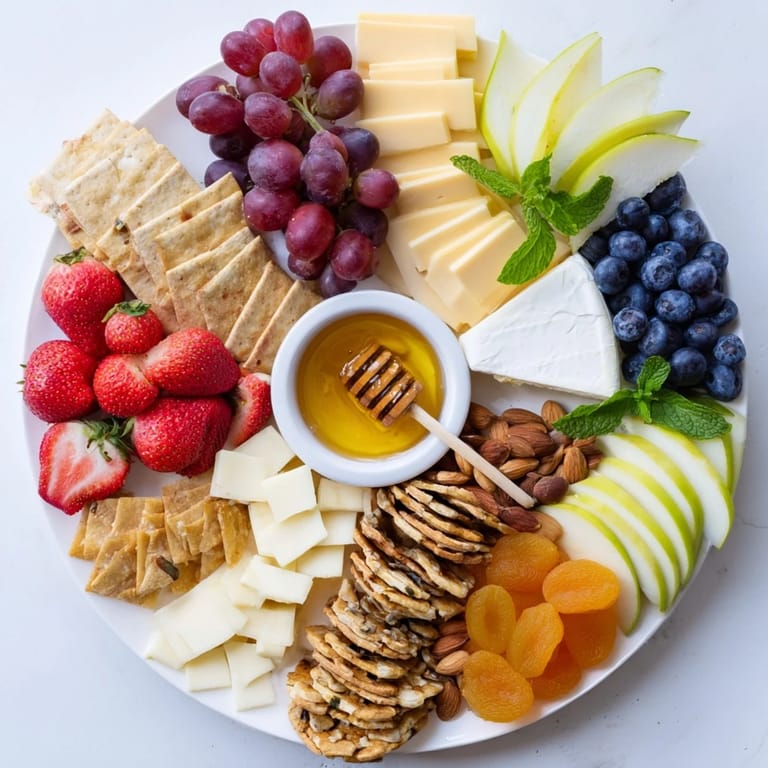 This delightful Bears Honey Pot Board features colorful fruits, savory cheeses, and crunchy crackers ready to enjoy.