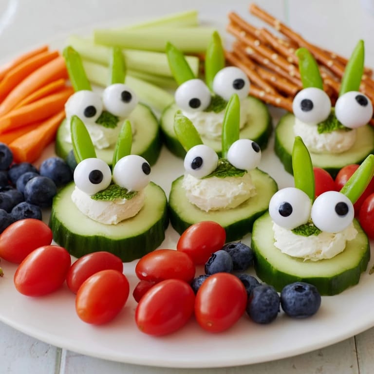 Kid-friendly Frog Pond Snack Tray: creamy cheese frogs on cucumber, surrounded by colorful fruits.