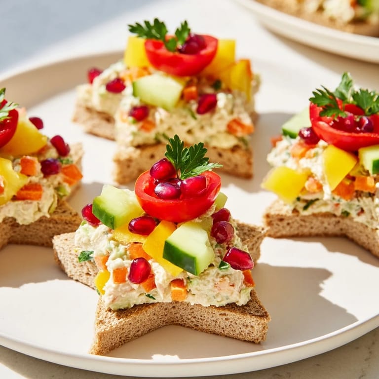 Colorful star Crown Jewels Sandwiches, filled with creamy cheese and diced vegetables, ready to eat.