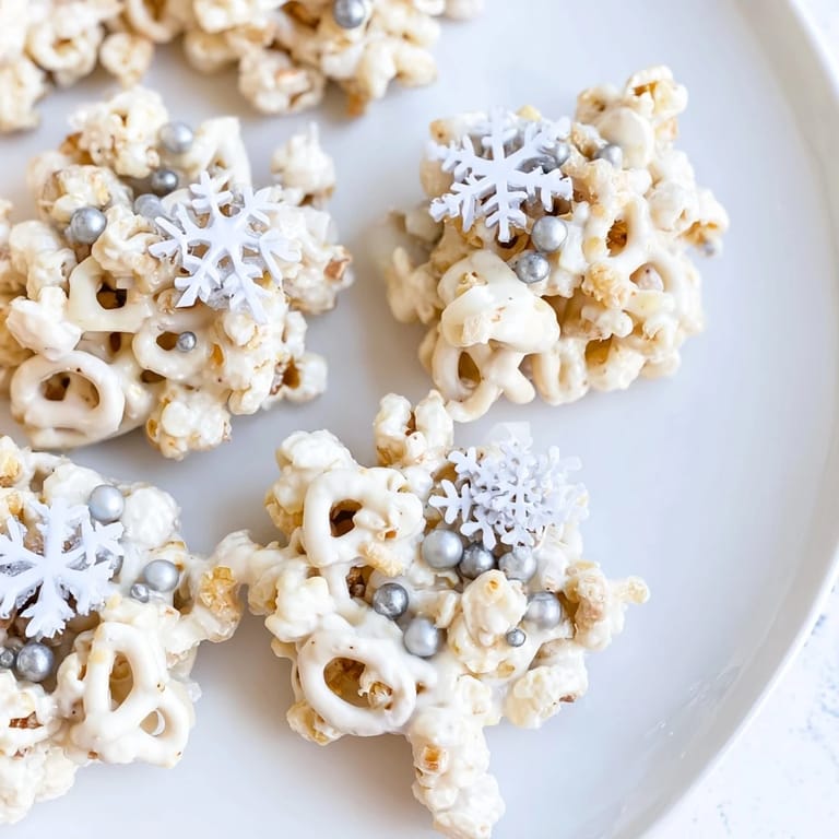 Close-up of freshly made Ski Season Snowflake Snack Mix, featuring white chocolate and crunchy pretzels.