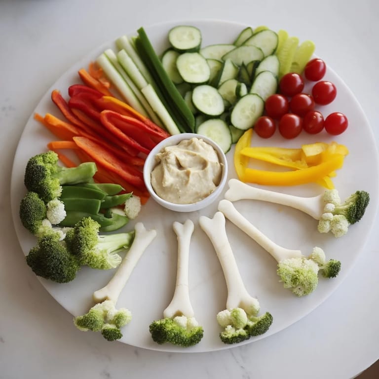 Colorful Dino-Mite Dinosaur Fossil Crudités presentation, ready to serve with fresh snap peas and tomato "eggs".