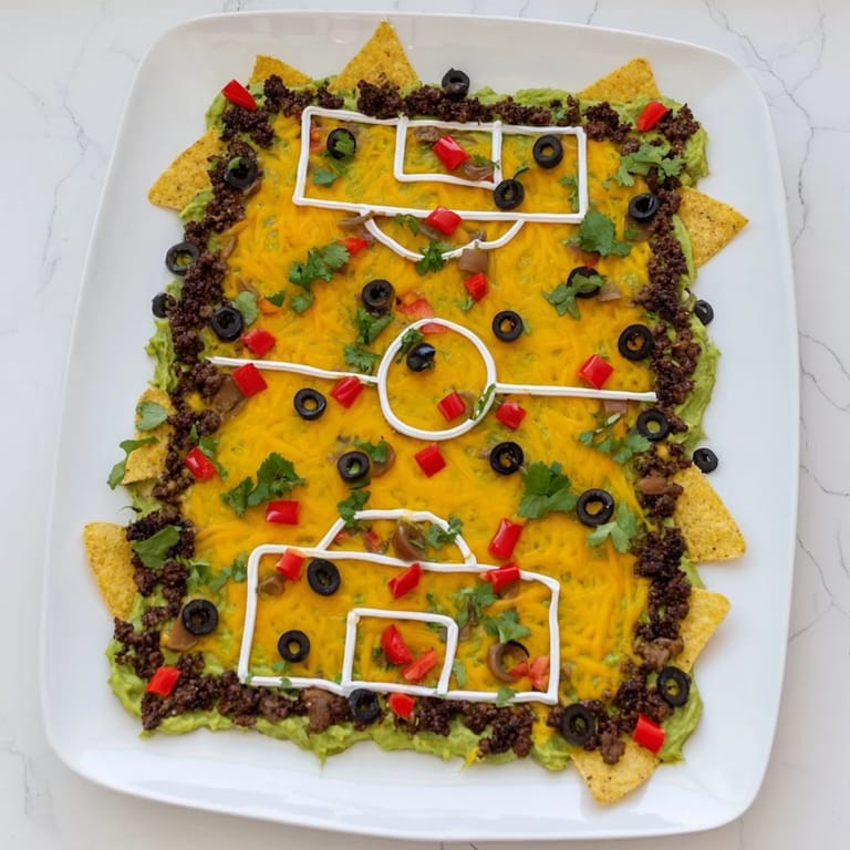 This visually stunning soccer field nacho platter showcases a feast of cheesy, savory goodness with every bite.