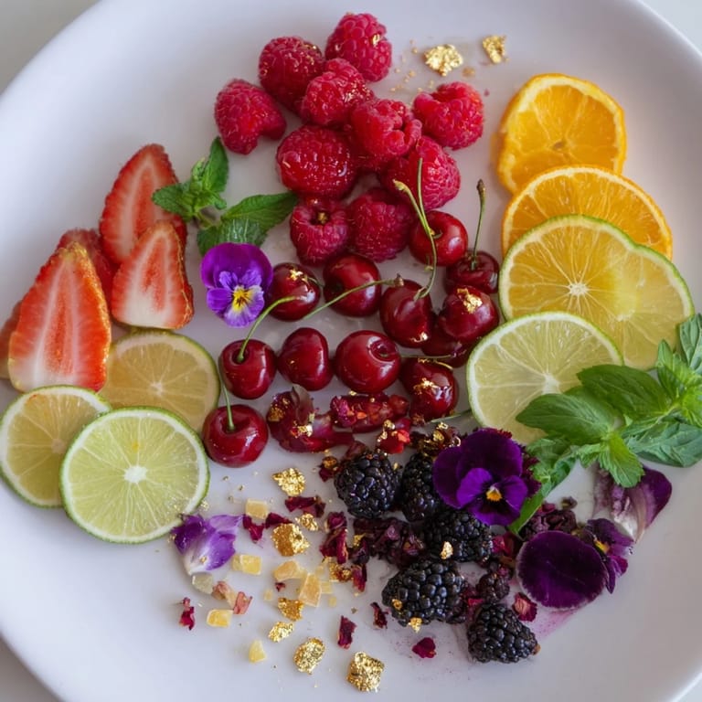 Elegant Champagne bar garnishes featuring strawberries, mint, and edible flowers create a festive display.