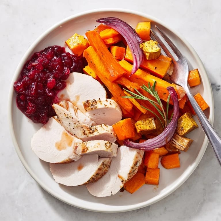 Golden-brown roasted vegetables surround sliced turkey breast in this Harvest Turkey Platter.