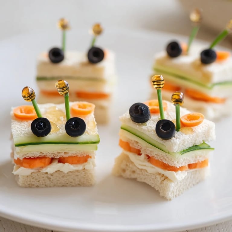 Delightful close-up of the cute bee sandwich cutouts, ready to serve, a fun American appetizer spread.