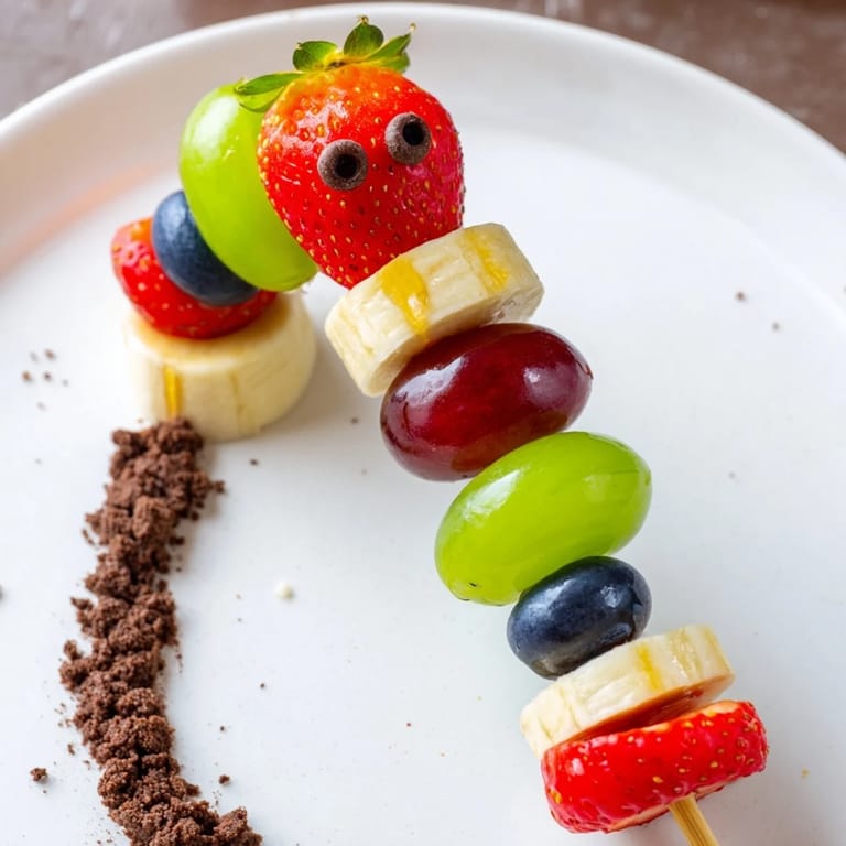 Kid-friendly Caterpillar Fruit Skewer Track with a variety of fruits creating delicious edible caterpillars.