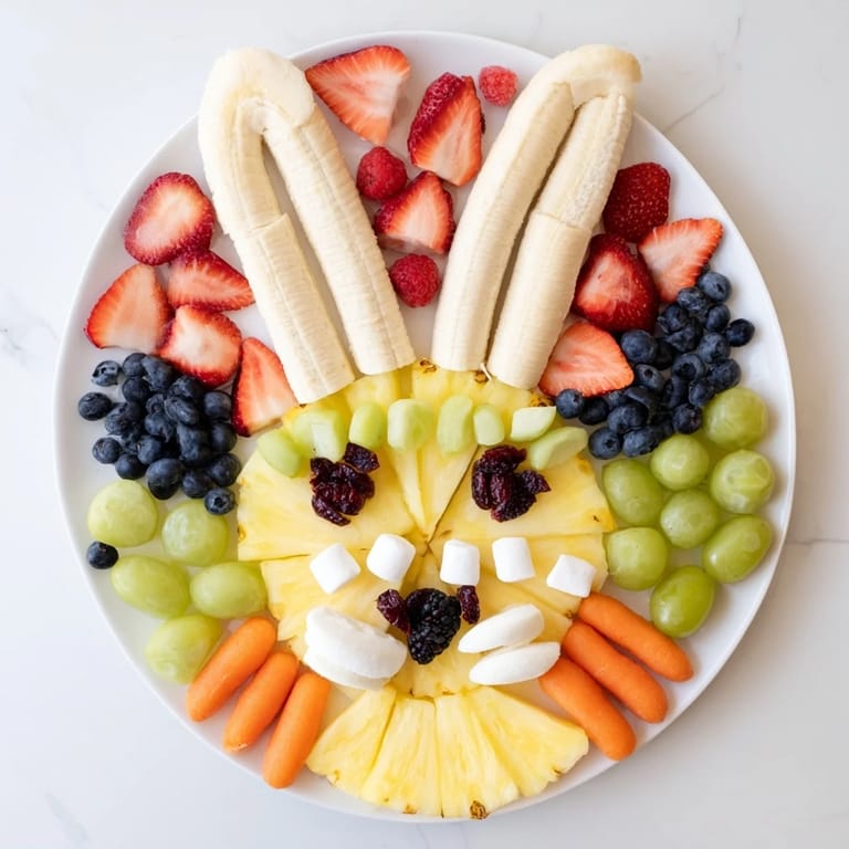 Vibrant bunny face fruit salad platter features sweet berries, juicy melon, and fresh grapes, ready to be enjoyed.