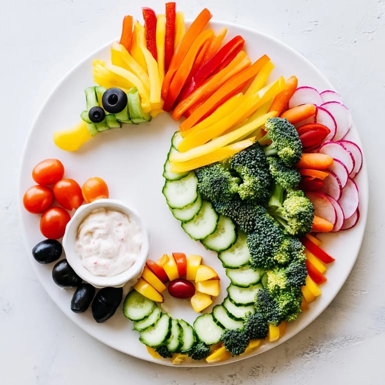 A refreshing Seahorse Veggie Dip Platter ready to eat, with crisp carrots, broccoli and a creamy, flavorful yogurt dip.