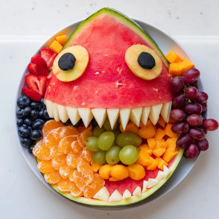 Imagine a colorful Watermelon Shark Bite Board with a smiling watermelon shark full of tasty fruit.