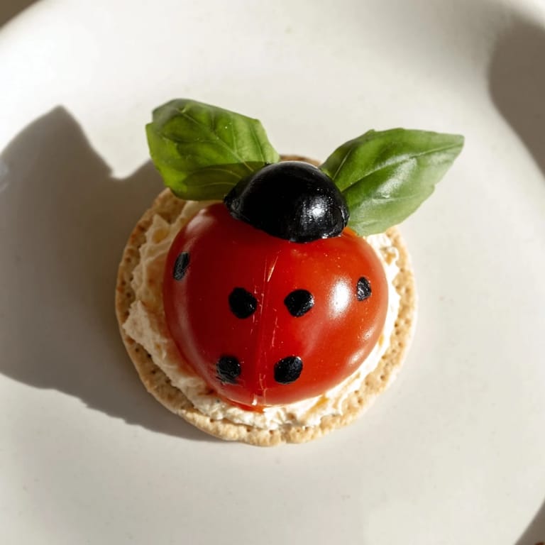 A close-up of Garden Snacks: Ladybug Tomato & Olive Bites, showing the appetizing ladybug details.